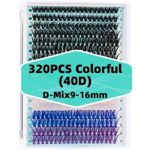 Lash Clusters 320PCS Eyelash Extension 40D Colorful Cluster Lashes Individual Lashes DIY Lash Extension Natural Look Cluster Eyelash Extensions False Eyelashes at Home for Beginners(D-Mix9-16mm)