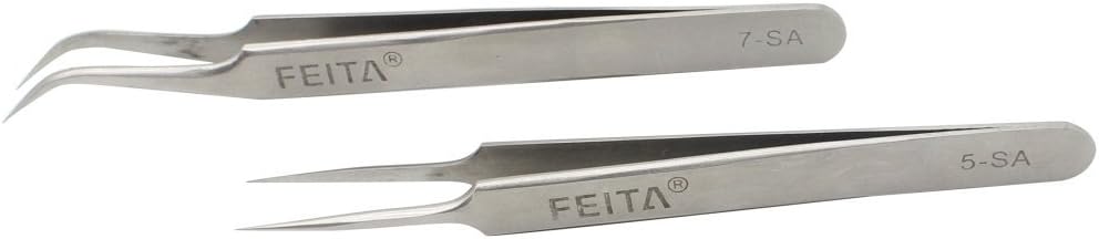 FEITA Precision Eyelash Extension Tweezers Set - Professional Straight & Curved Pointed Very Fine Tip Tweezers for Lash Extensions - Silver - 2Pcs