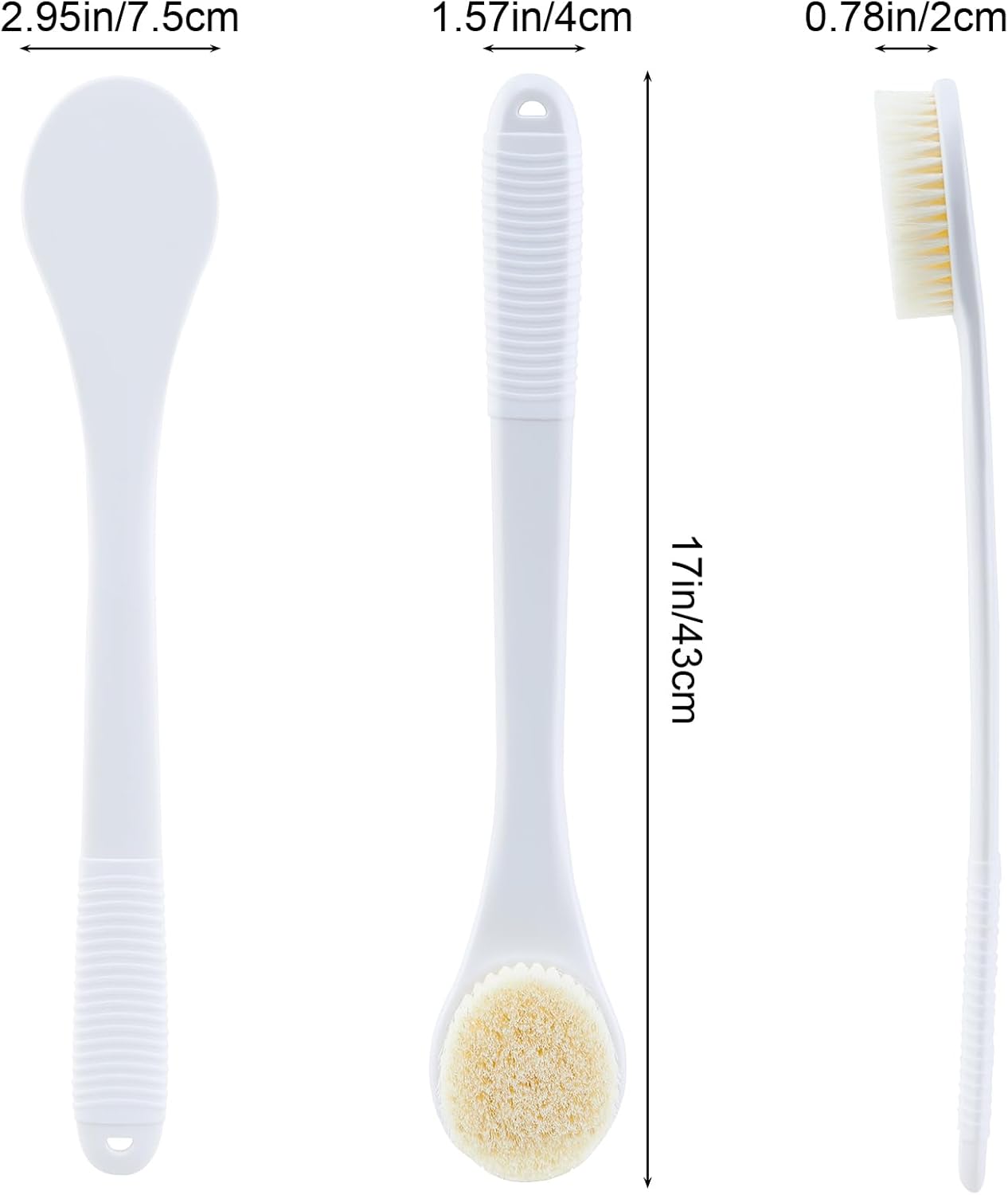 Back Scrubber for Shower, Shower Body Brush for Cleaning with Long Handle for Showering, 17 Inch Back Washer Exfoliator for Shower Men Women with Non-Slip Handle, Adhesive Hook (White)