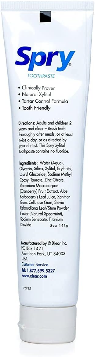 Spry Natural Xylitol Toothpaste 5oz for Adults and Kids - Fluoride Free, Gentle for Sensitive Teeth Whitening and Remineralizing, Breath Freshening, Mouth Moisturizing, Spearmint (Pack of 2)