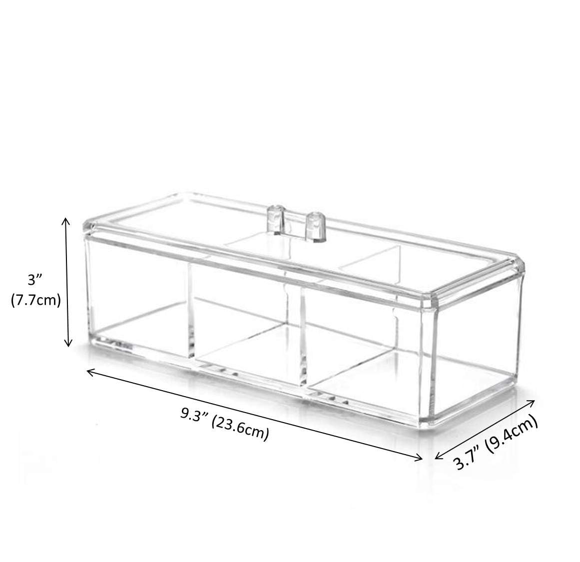 Square Acrylic Cotton Ball Pads Gauze Swab Holder Organizer Q-tip Dispenser Storage Canister Bathroom Container Flossers Box Case (9.3x3.7x3 in, 1 Tier, 3 Partitions, Transparent)
