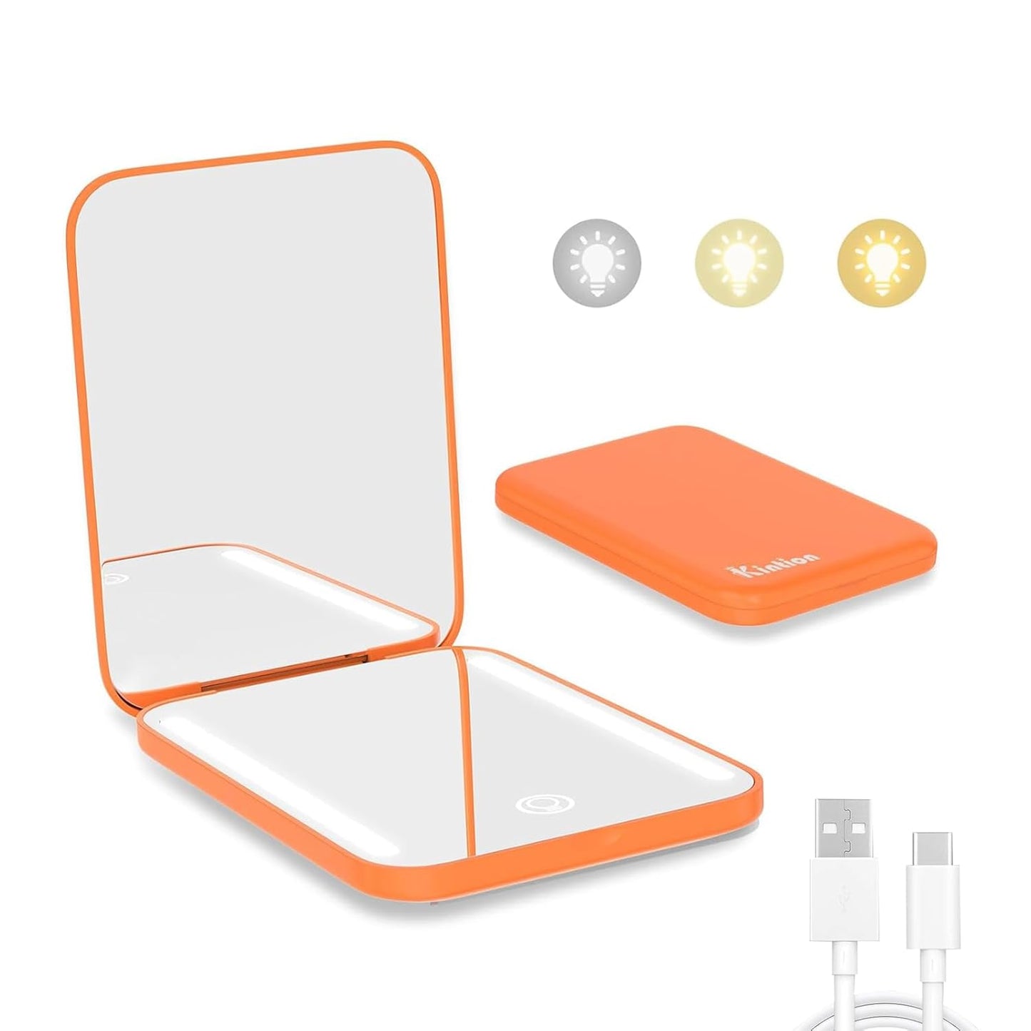Kintion Rechargeable Pocket Mirror, Double Sided 1X/3X Magnification Compact Vanity Mirror, 3 Color Lights, Dimmable, Small Portable Wallet Mirror, Lighted Travel Mirror for Women Gifts, Orange