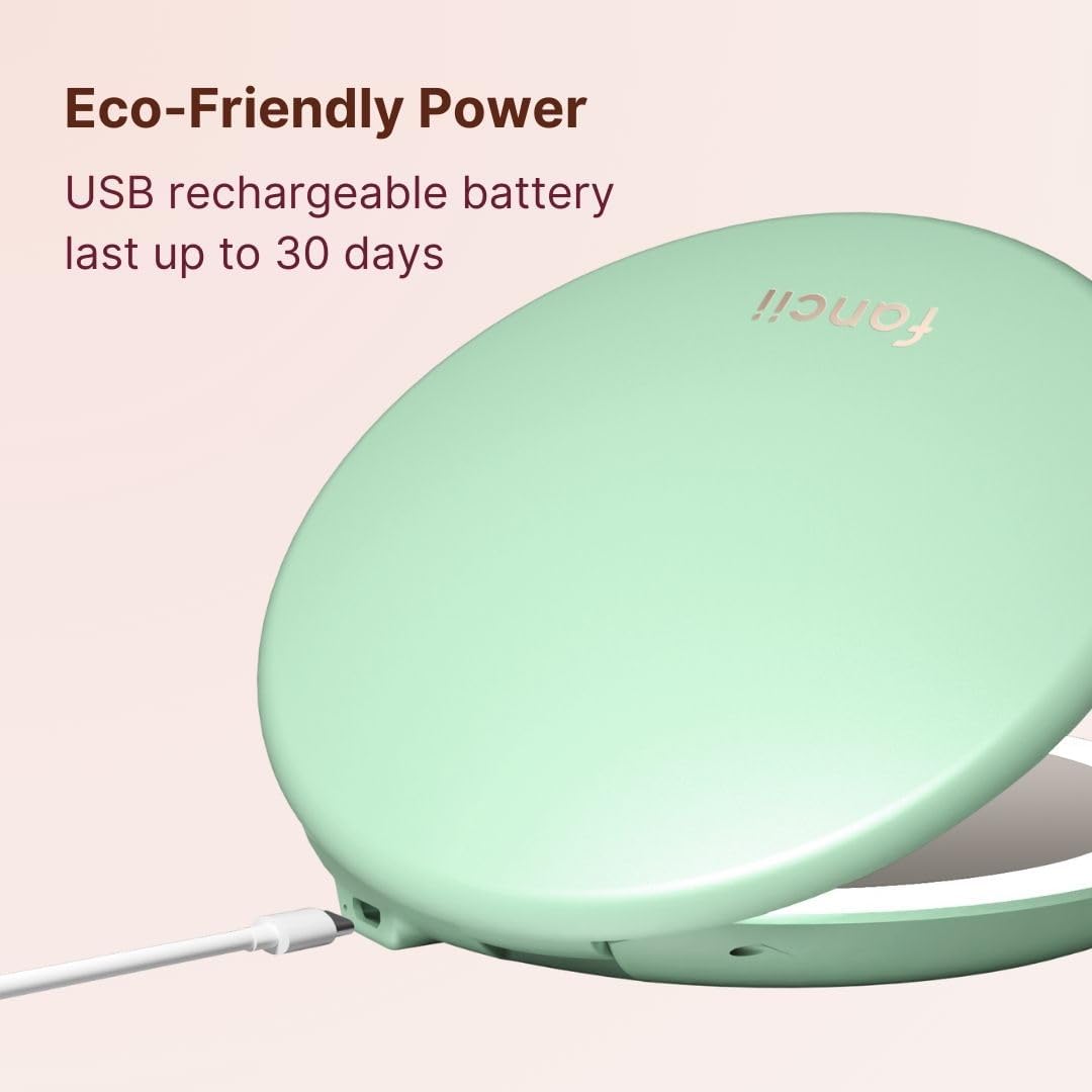Fancii Taylor LED Lighted Compact Makeup Mirror, Rechargeable, 10x /1x Magnifying, 3 Light Settings, XL Large 5” Wide | Travel Mirror for Purses (Mint Green)