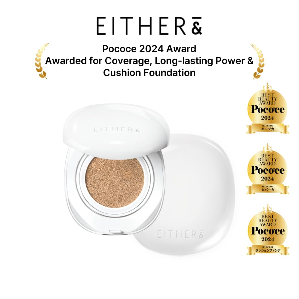 EITHER& Glow Pixel Cushion Foundation, Glowy Skincare, Korean Makeup, Natural Coverage, Moisturizing, Lightweight, Long Lasting Coverage for Flawless Skin (32N Caramel)