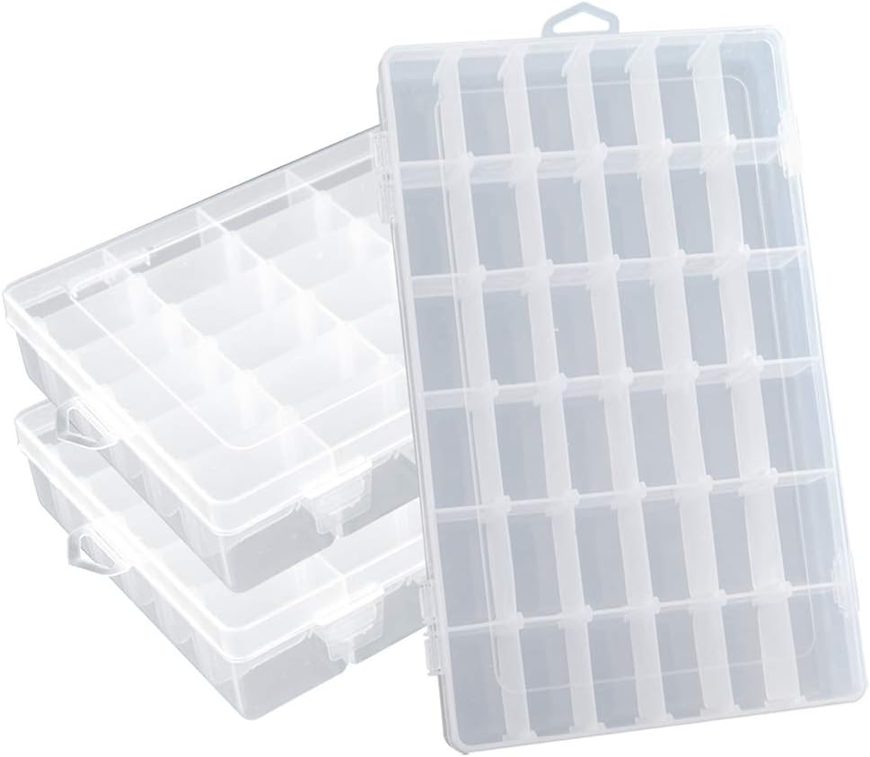 Plastic Organizer Container Box 36 Compartments Jewelry Storage Box with Adjustable Dividers (3 Pack)