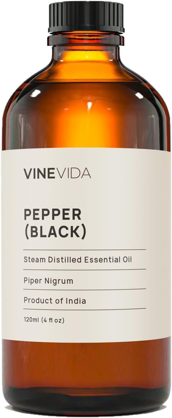 VINEVIDA Black Pepper Essential Oil - Undiluted Black Pepper Oil - Black Pepper Candle Oil Scent - DIY Candle Scents for Candlemaking - Bulk Essential Oil for Soap Making Safe for Skin, 4.0 Fl Oz
