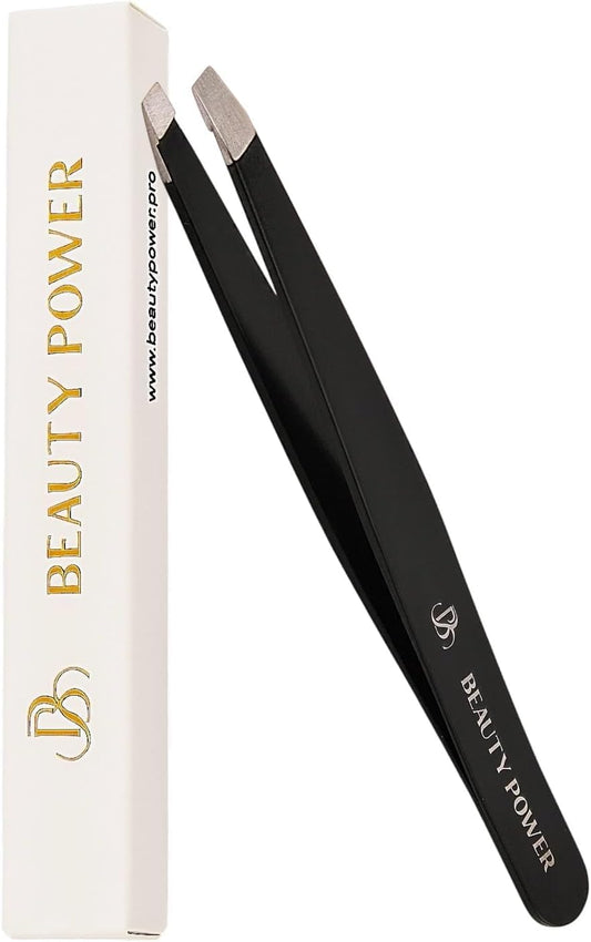 Slant Tip Precision Tweezers - Stainless Steel Eyebrow Tweezers for Women & Men - Precision Tweezers for Facial Hair, Ingrown Hair & Brow Shaping - Professional Beauty Tool (Matte Black)