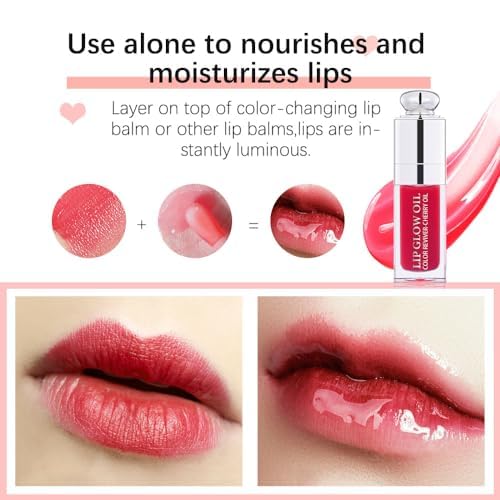 Plumping Lip Oil,Hydrating Gloss Tinted Lip Balm Transparent Lip Care,Big Brush Head Glitter Shine,Long Lasting Nourishing Non-sticky Fresh Textureand Dry Lips Care Products0.2 OZ(002#CLEAR TO PINK)