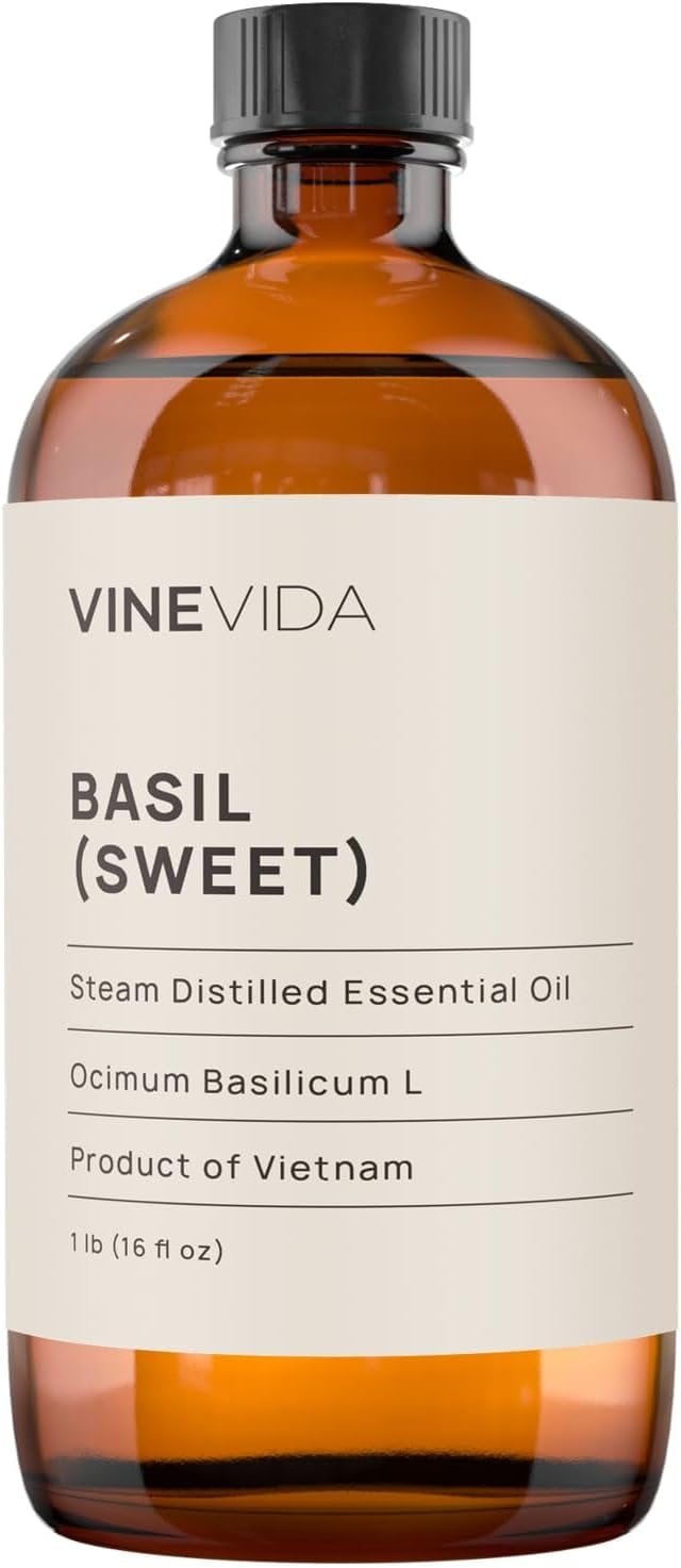 VINEVIDA Basil (Sweet) Essential Oil 16 oz - Undiluted Basil (Sweet) Oil 16 oz - Basil (Sweet) Candle Oil Scent - DIY Candle Scents for Candlemaking - Bulk Essential Oil for Soap Making Safe for Skin