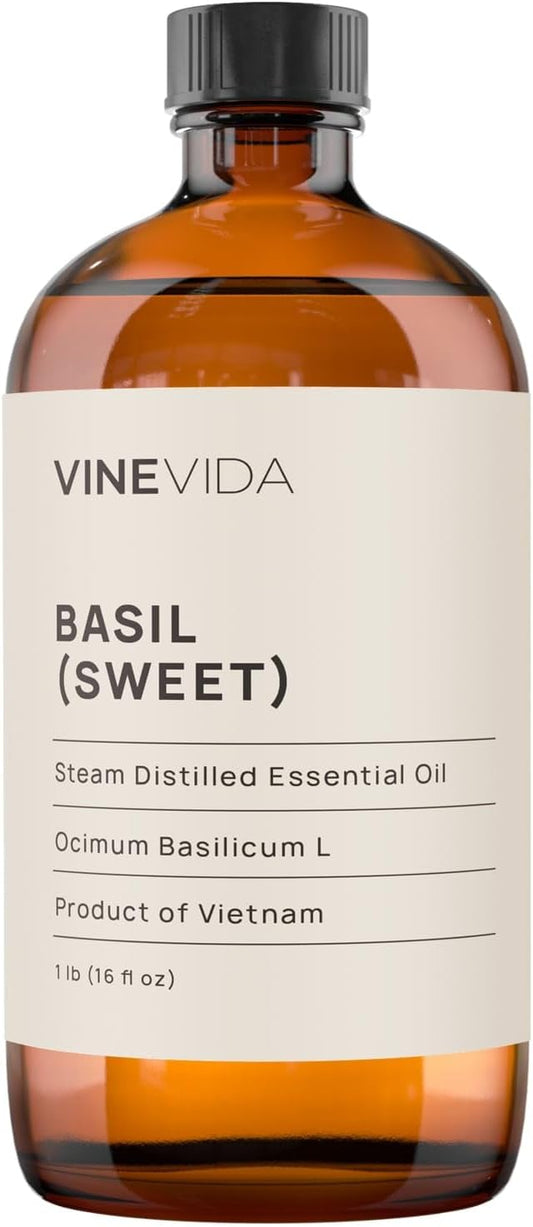 VINEVIDA Basil (Sweet) Essential Oil 16 oz - Undiluted Basil (Sweet) Oil 16 oz - Basil (Sweet) Candle Oil Scent - DIY Candle Scents for Candlemaking - Bulk Essential Oil for Soap Making Safe for Skin