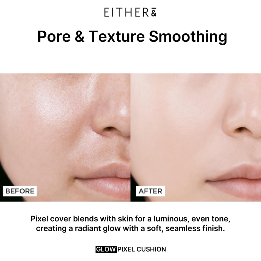 EITHER& Glow Pixel Cushion Foundation, Glowy Skincare, Korean Makeup, Natural Coverage, Moisturizing, Lightweight, Long Lasting Coverage for Flawless Skin (21N Natural)