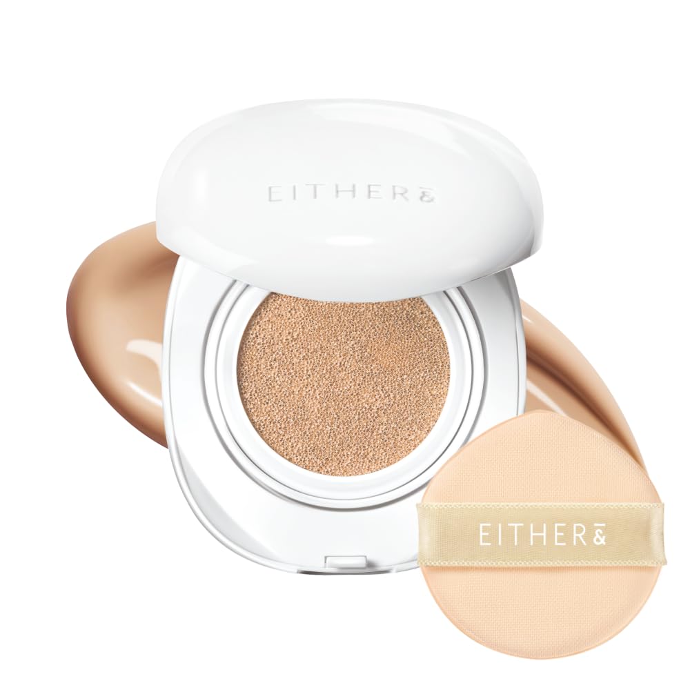 EITHER& Glow Pixel Cushion Foundation, Glowy Skincare, Korean Makeup, Natural Coverage, Moisturizing, Lightweight, Long Lasting Coverage for Flawless Skin (24P Suede)