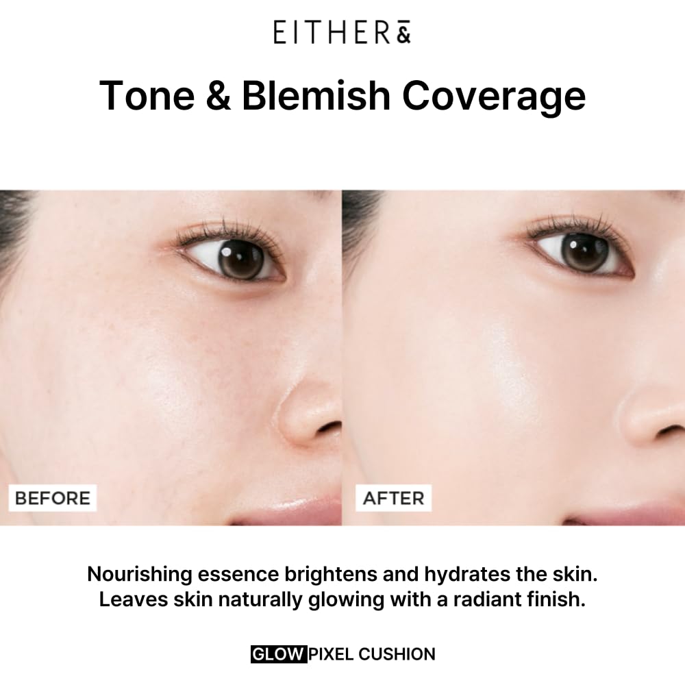 EITHER& Glow Pixel Cushion Foundation, Glowy Skincare, Korean Makeup, Natural Coverage, Moisturizing, Lightweight, Long Lasting Coverage for Flawless Skin (25P Honey)