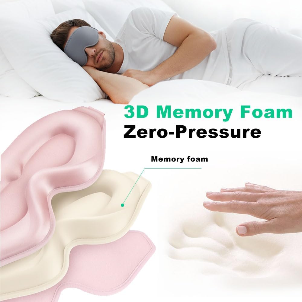 3D Contoured Sleep Eye mask Side Sleeper Men Women Zero Eye Pressure high Density Memory Foam Soft Breathable Light Blocking Night Blindfold Travel Yoga Napping Pink