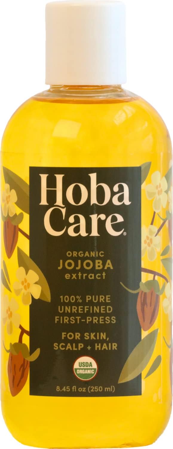 HobaCare Natural Organic Jojoba Oil for Hair, Skincare, Face, Body, Scalp, Nails, Beard Care, Skin Massage – Unrefined Carrier Oil – 100% Pure, Hexane Free, Moisturizing (8.45 oz)