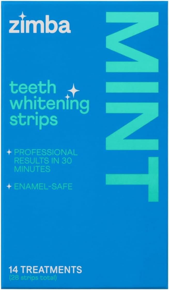Zimba Teeth Whitening Strips Vegan Whitening Strip Enamel Safe Teeth Whitening Hydrogen Peroxide Teeth Whitener for Coffee, Wine, Tobacco, and Other Stains, 28 Strips (14 Day Treatment), Mint