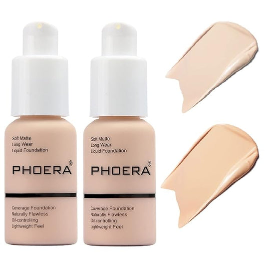2 Pack PHOERA Foundation Makeup For Older Women,Flawless Soft Matte Liquid Foundation 24 HR Oil Control Concealer Foundation Makeup(101 Porcelain+102 Nude)