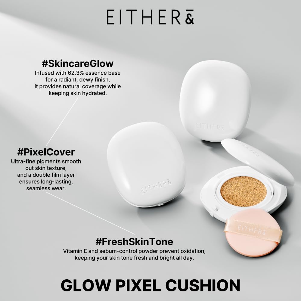 EITHER& Glow Pixel Cushion Foundation, Glowy Skincare, Korean Makeup, Natural Coverage, Moisturizing, Lightweight, Long Lasting Coverage for Flawless Skin (34N Acorn)