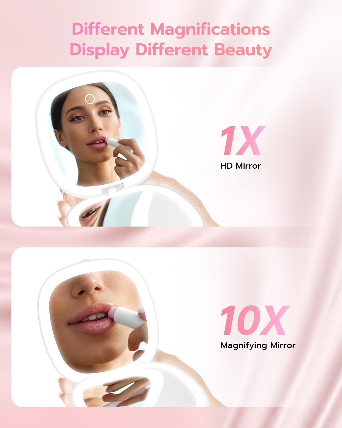 Benbilry 3.9" Rechargeable Compact Makeup Mirror with 3 Light Colors and Magnification 1X / 10X, Double Light Strip Dimmable Small LED Travel Mirror for Purse, White