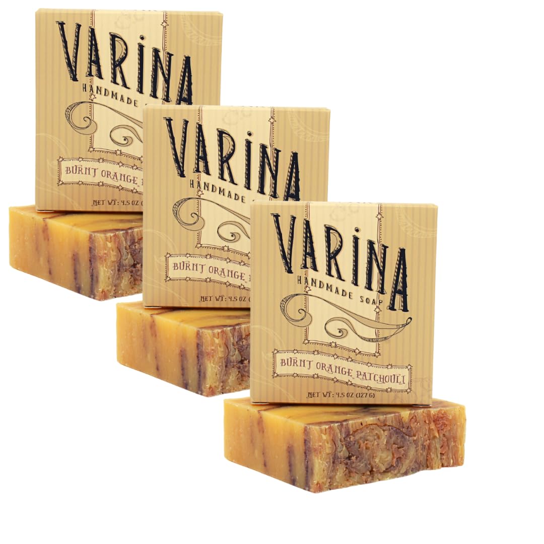 Varina Natural Burnt Orange Patchouli Bar Soap - Gentle Cleansing for Sensitive Skin, Earthy Scents - 3 Pack