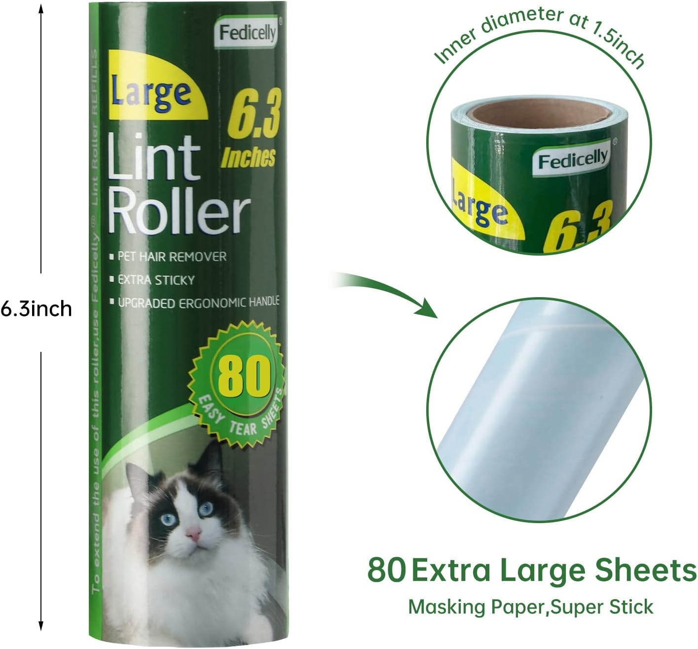 Floor Lint Rollers Pet Hair Extra Sticky with Retractable Long Handle,Large Cat Dog Hair Remover Laundry Clothes Carpet Furniture,6.3 inches Wider with 640 Sheets Giant Lint Remover Brush for Couch