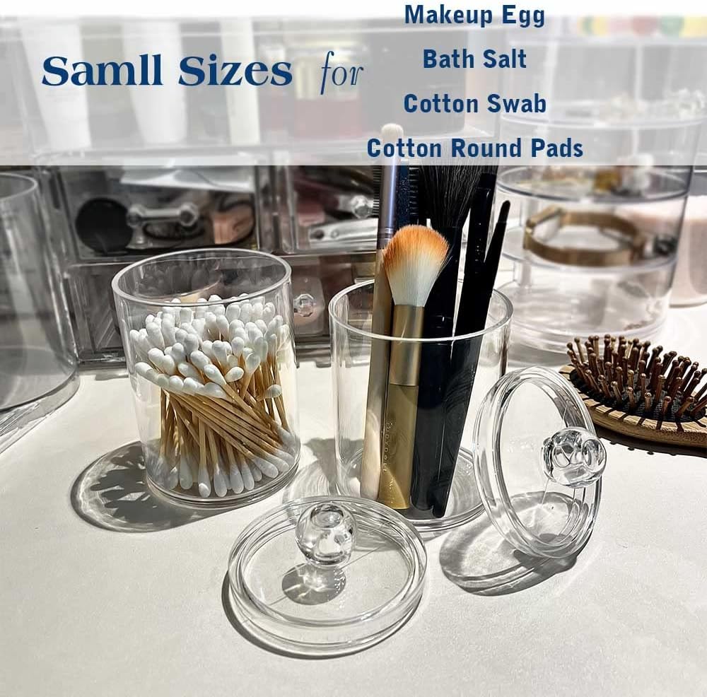 Qtip Holder Dispenser for Cotton Ball, Swab, Round Pads, Floss Picks - 10 oz Clear Plastic Apothecary Jar Set for Bathroom Canister Storage Organization, Vanity Makeup Organizer