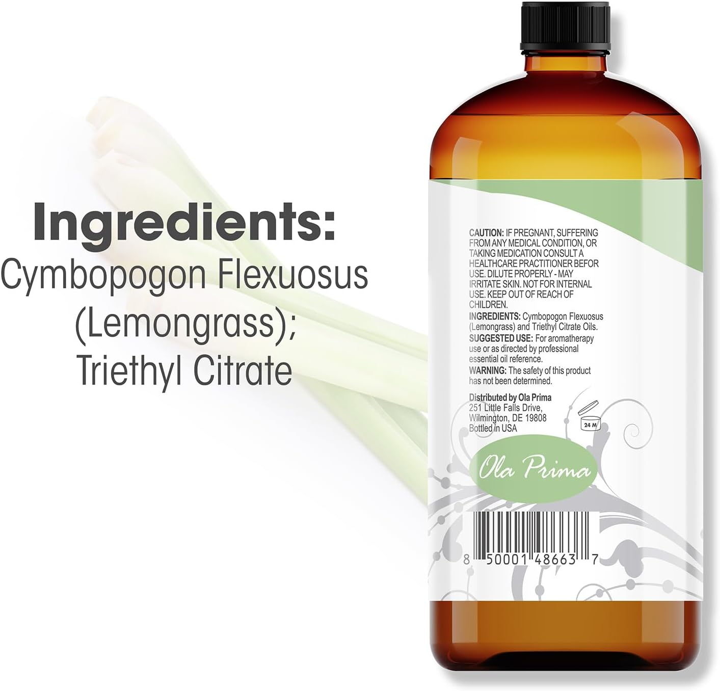 Ola Prima Lemongrass Essential Oil for Aromatherapy, Diffuser, Cleaning, Skin, Hair Health, Relaxation, Soap & Candle Making (16oz Bulk)