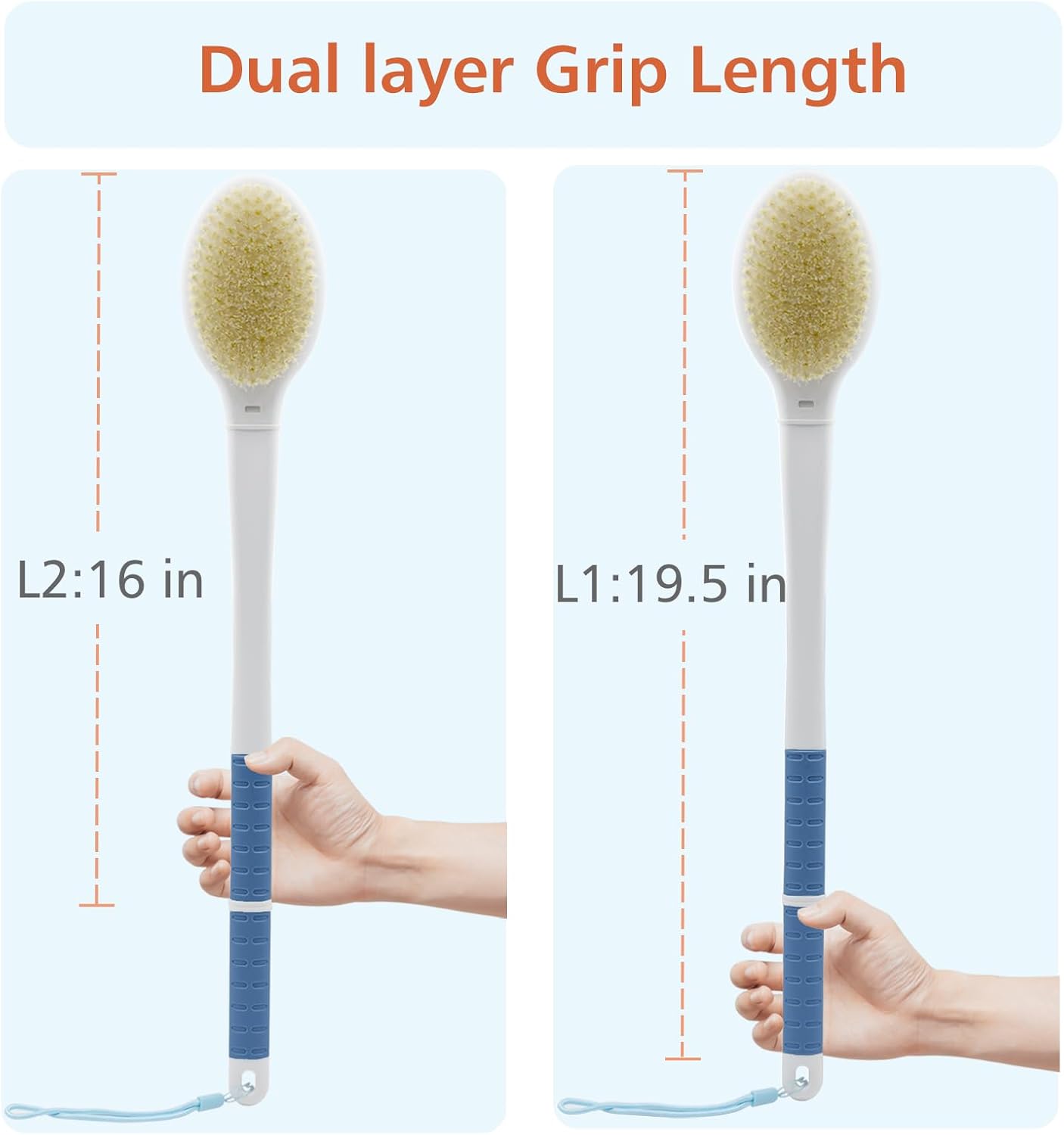 Shower Brush with Soft and Stiff Bristles,20.5" Extra Long Handle Dual-Sided Back Scrubber Bath Brush Body Exfoliator for Wet or Dry Brushing (Grey)(Super Long Handle)