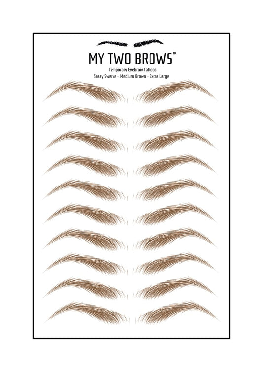 (10 pairs) Medium Brown Temporary Eyebrow Tattoo - Extra Large Size - Waterproof & Smudgeproof - Sassy Swerve Style Eyebrow Stickers - Sheet Lasts up to 30 Days - Won't Work on Existing Brows