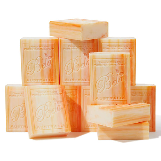BELA Orange Zest Soap 3.3 OZ Pack of 12, Long Lasting French Triple Milled Bar Soap with Organic Shea Butter, Hand, Face and Body Wash Bar, Made in Australia