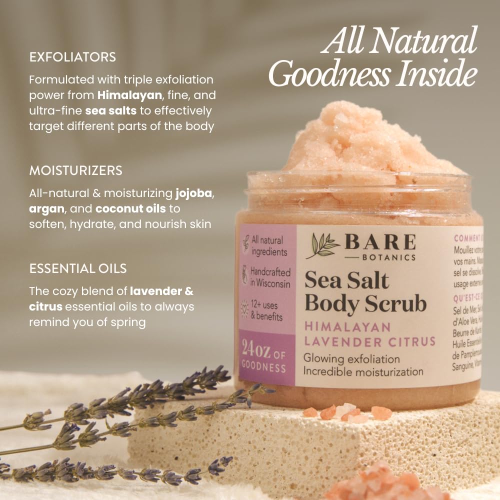 Bare Botanics Lavender Grapefruit Body Scrub 24 oz - Naturally Scented Himalayan Salt Scrub Made in Madison WI - Formulated w/Skin Loving Moisturizers - Cruelty Free Exfoliator w/a Cute Wooden Spoon