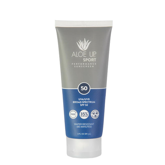 Aloe Up Sport Sunscreen Lotion SPF 50 - Broad Spectrum UVA/UVB Sunscreen Protector for Face and Body - With Hydrating Aloe Vera Gel - Non-Greasy - No White Cast - Reef Safe - Fragrance-Free - 3 Oz