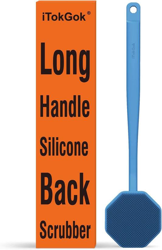 iTokGoK® All New Premium Silver-Infused Silicone Back Scrubber with Long Handle Back Brush for Shower,Back Brush Long Handle for Men and Women,Ergonomic No-Slip Handle, Long-Lasting (Blue)