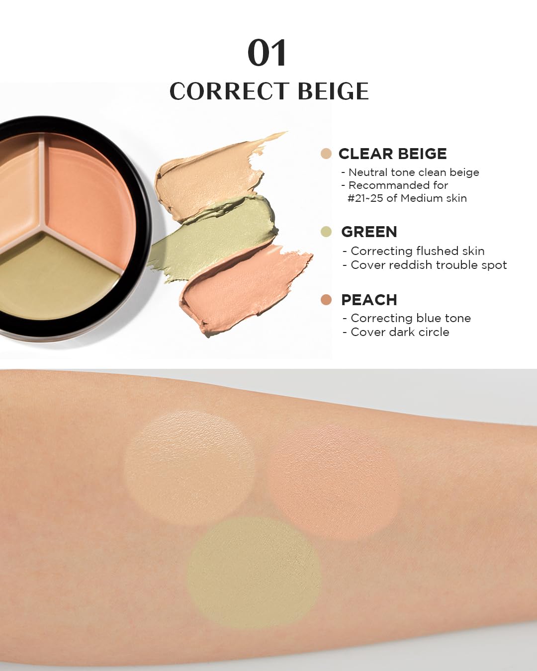 THESAEM Cover Perfection Triple Pot Concealer 01 Correct Beige + 02 Contour Beige - 3 Color Concealer for Medium & Natural Tone - Full Coverage, Correct & Conceal Redness, Dark Circles, Contouring