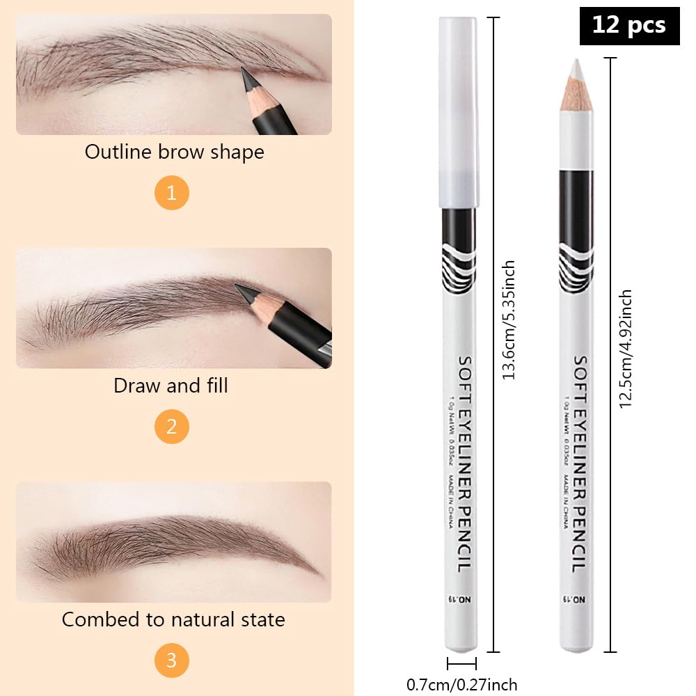 12Pcs Wooden Hard-Core White Eyebrow Pencils, Eyebrow and Eyeliner Pencils, Long Lasting Waterproof and Sweat-Proof, Easy to Color,Beginner Makeup Eyebrow Penci,Create a Natural Brow Makeup