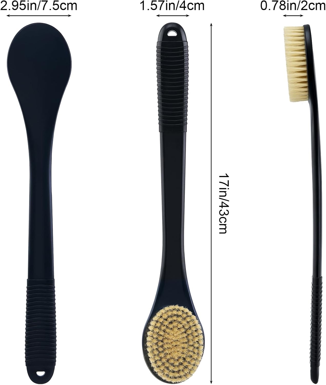 Back Scrubber for Shower, Shower Body Brush for Cleaning with Long Handle for Showering, 17 Inch Back Washer Exfoliator for Shower Men Women with Non-Slip Handle, Adhesive Hook (Black-Boar Bristles)