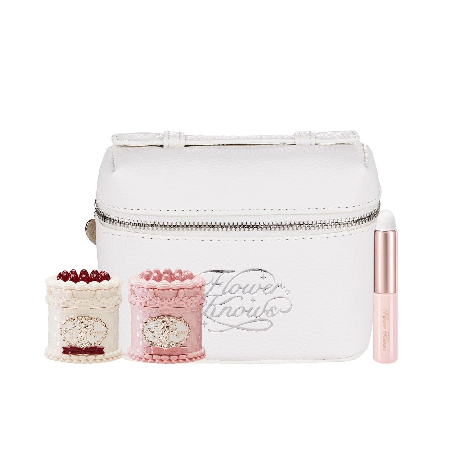 Flower Knows Enchanted Lip Kit,Strawberry Cupid Cake Lip Cream V03+V04 Set with Lip Brush & Leather Bag,4-Piece Makeup Gift Set