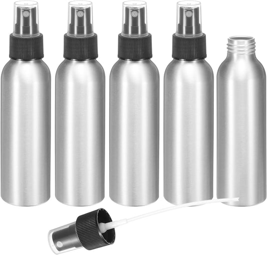 HARFINGTON 5pcs Aluminum Fine Mist Spray Bottles 120ml/4oz Metal Small Liquid Alcohol Refillable Travel Container with Black Plastic Nozzle Cap for Perfume Skincare Cosmetic Storage Bottle