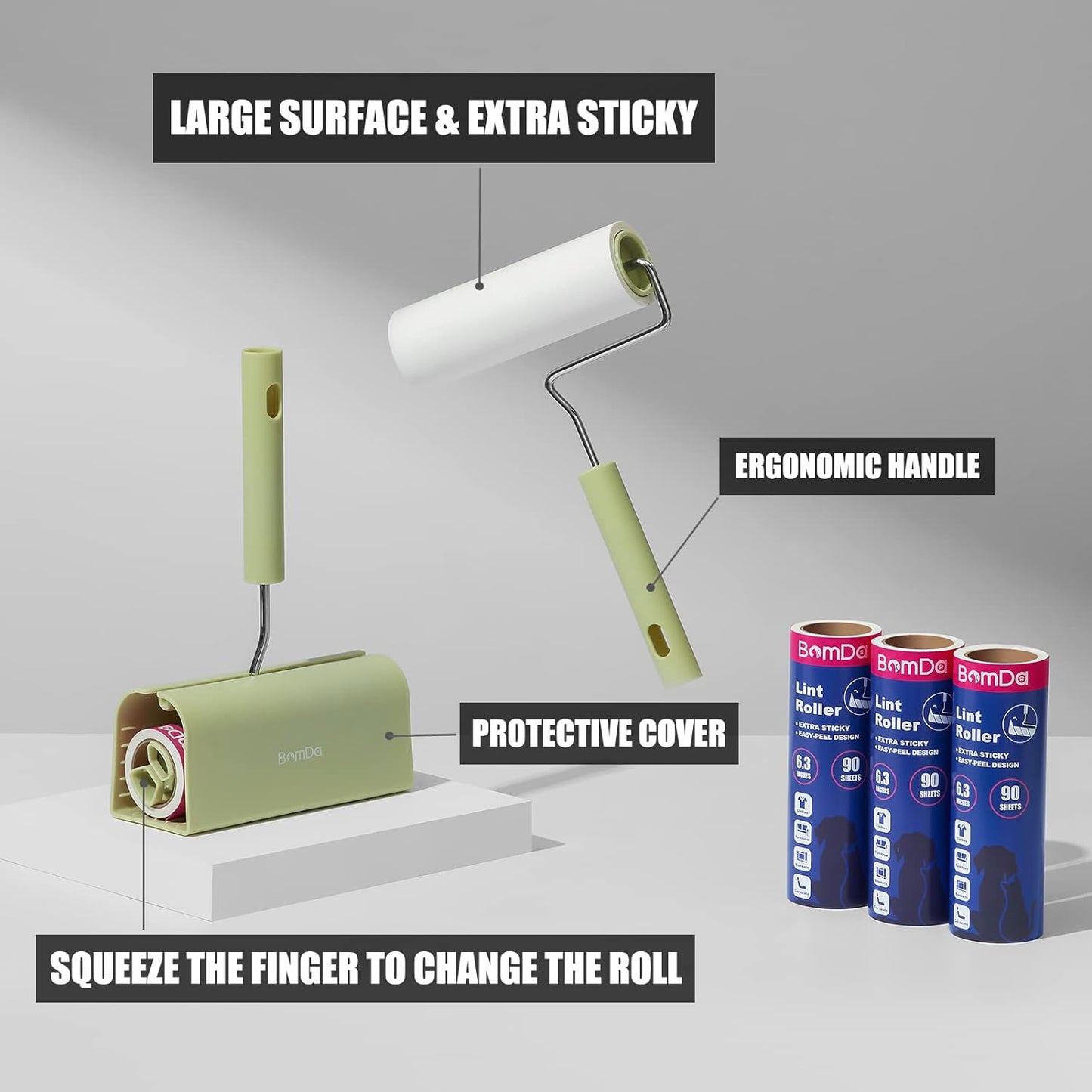 Extra Sticky Large Surface Lint Roller, 6.3'' Giant Lint Roller for Pet Hair, 360 Sheets/ 4 Refills, Long Handle Lint Remover for Clothes, Furniture (1 Roller + 360 Sheets)
