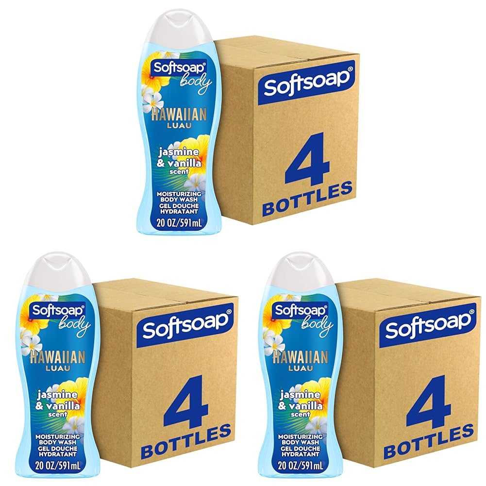 Softsoap Moisturizing Body Wash Hawaiian Luau, Jasmine and Vanilla Scent, 20 oz Bottle, 12 Pack