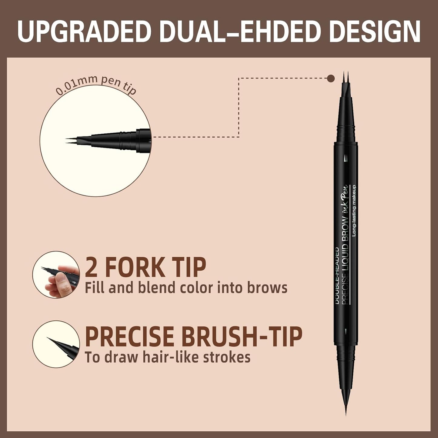Microblading Eyebrow Pen, Dual-Ended Brow Pencil with 2-Fork-Tip and Precise Brush, Waterproof Longer Lasting Eyebrow Pencil, Microblade Eyebrow Pencil Create Natural Hair-Like Strokes (Black)