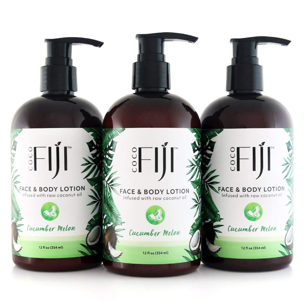 Coco Fiji Face & Body Lotion Infused With Coconut Oil | Lotion for Dry Skin | Moisturizer Face Cream & Massage Lotion for Women & Men | Cucumber Melon 12 oz, Pack of 3