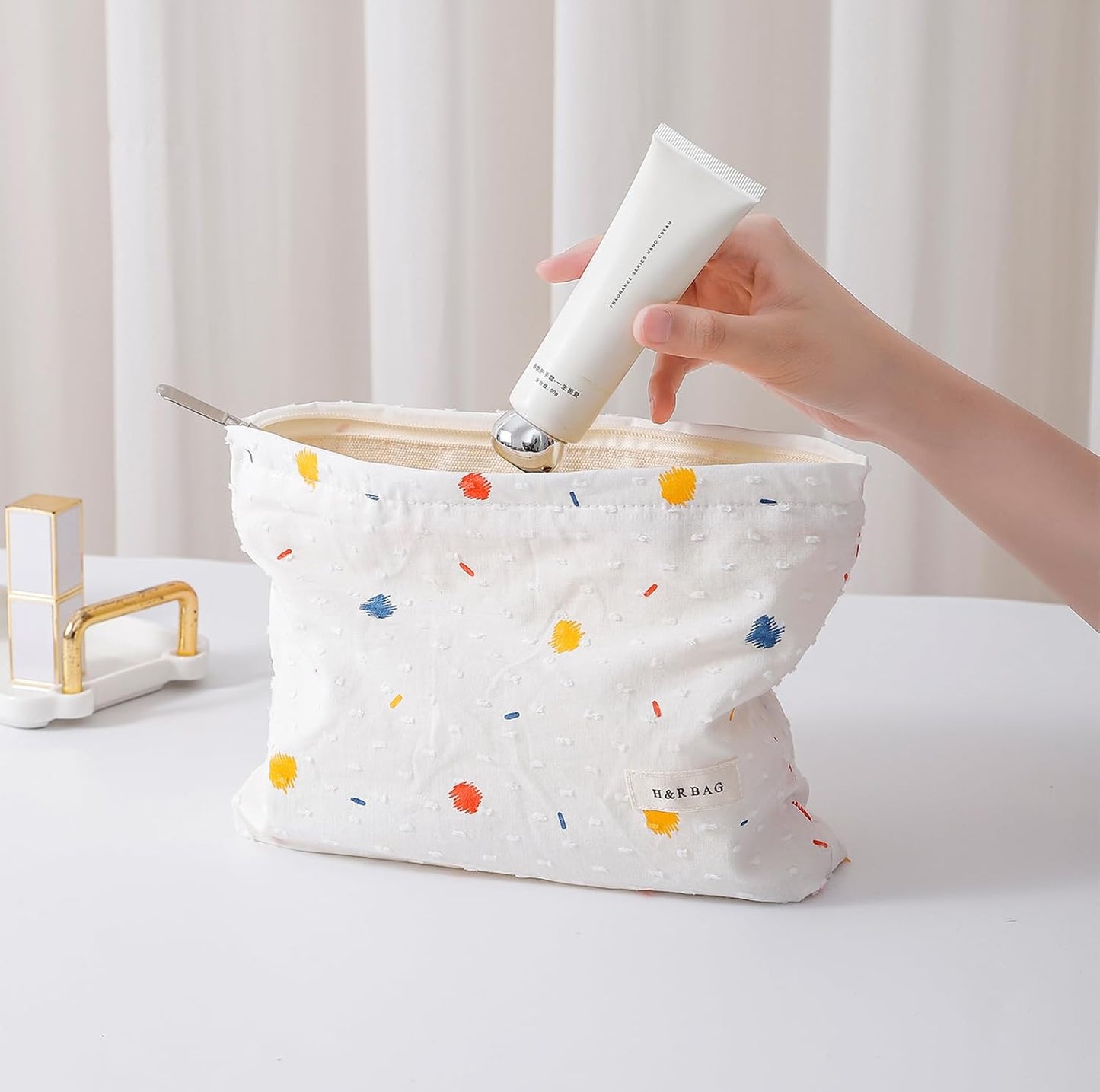 2 Pcs Makeup Bags, Large Cosmetic Bag Travel Toiletry Bag Organizer for Women, Embroidery Craft, Floral Makeup Bag Small Cosmetic Pouch Purse with Zipper, Gifts for Girls Teen (Colorful Dots)