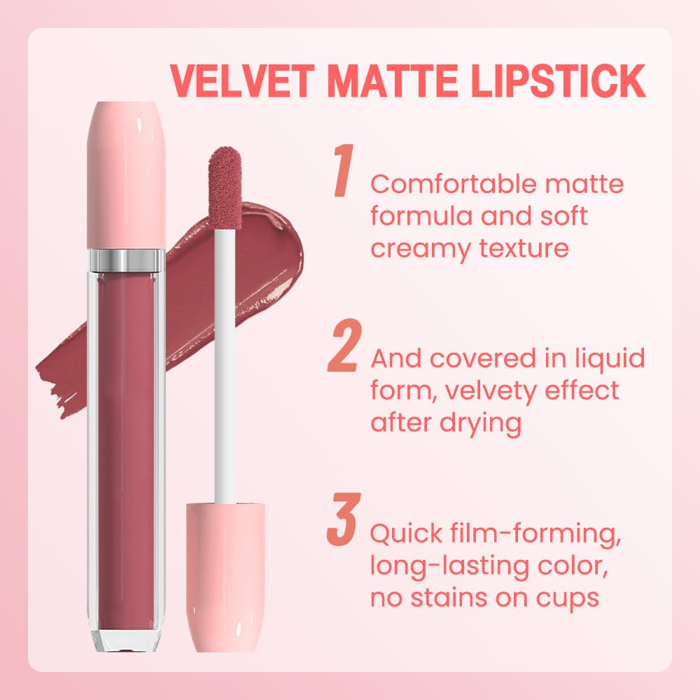 BINGBRUSH Super Matte Longwear No-Budge Stay On Smudge Proof Liquid Lipstick Long Lasting Makeup for Women,Highly Pigmented Color and Instant Shine, Cheeky