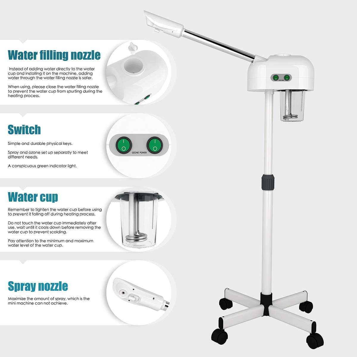 Professional Facial Steamer, Hot Mist, Ozone Humidifier, Can Use at Home and Beauty Salon, Extract Blackheads, Rejuvenate and Hydrate Your Face Skin for Youthful Complexion (Button)