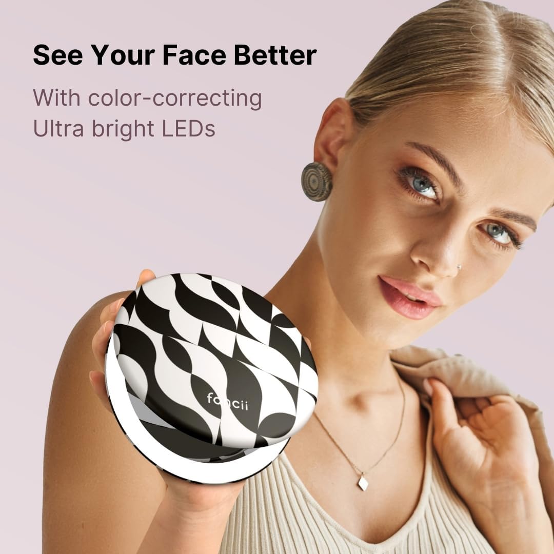 Fancii Taylor Compact Travel Makeup Mirror with Lights, 10x /1x Magnifying, Rechargeable, 3 Light Modes, Dimmable - Small Lighted Handheld Purse Mirror, Double Sided, for Gifts (Mellow Monochrome)