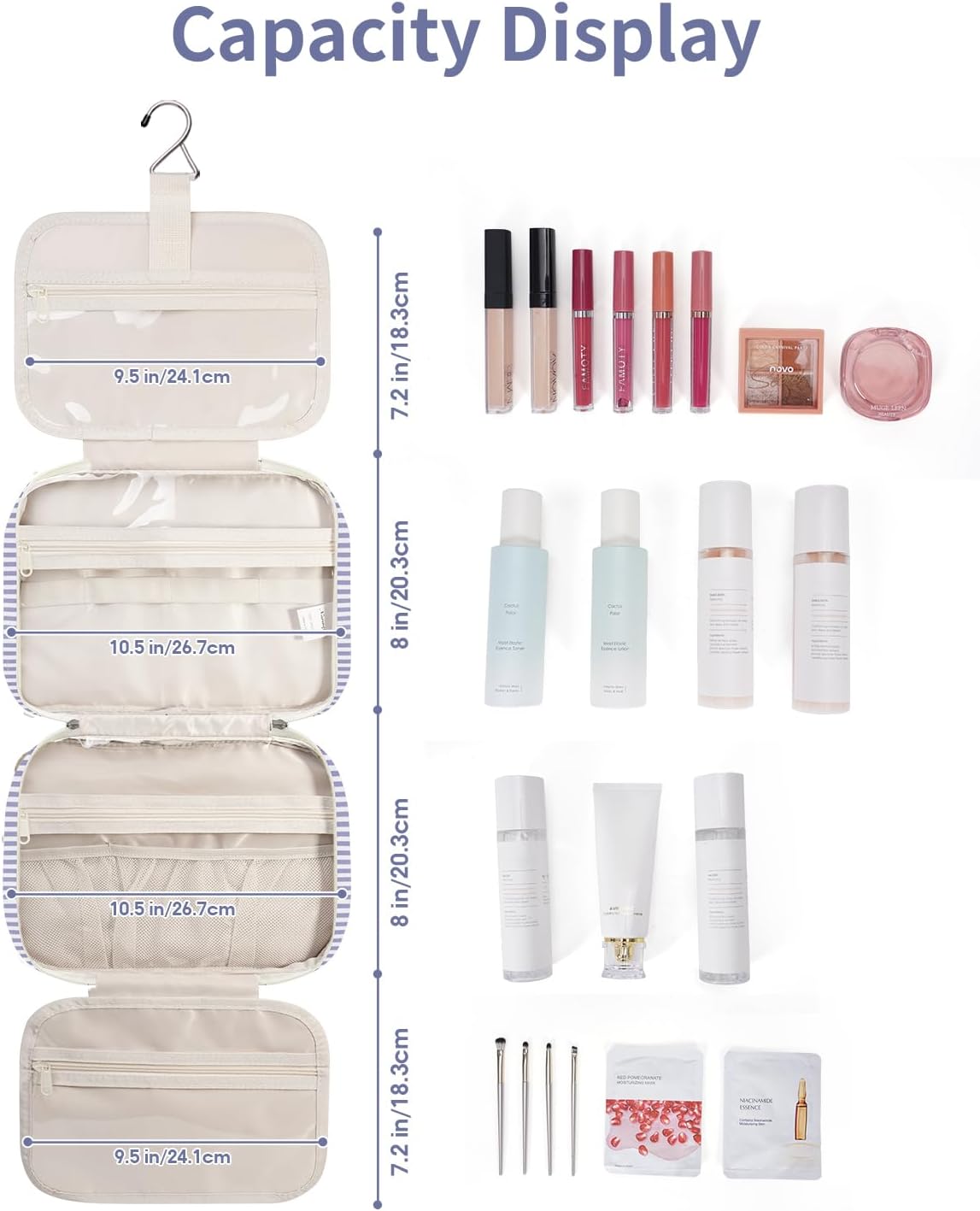 Narwey Striped Hanging Toiletry Bag for Women Travel Makeup Bag Organizer Toiletries Bag for Travel Size Essentials Accessories Cosmetics (Greyish Blue Stripe (Medium))