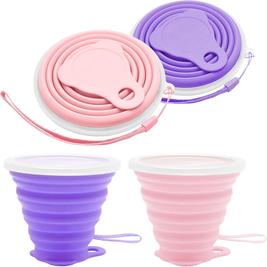 Litoexpe 2 Pack Silicone Collapsible Travel Cup Portable Folding Camping Cup Sets with Lids, Pink & Purple, Capacity 9.22oz (270ml)