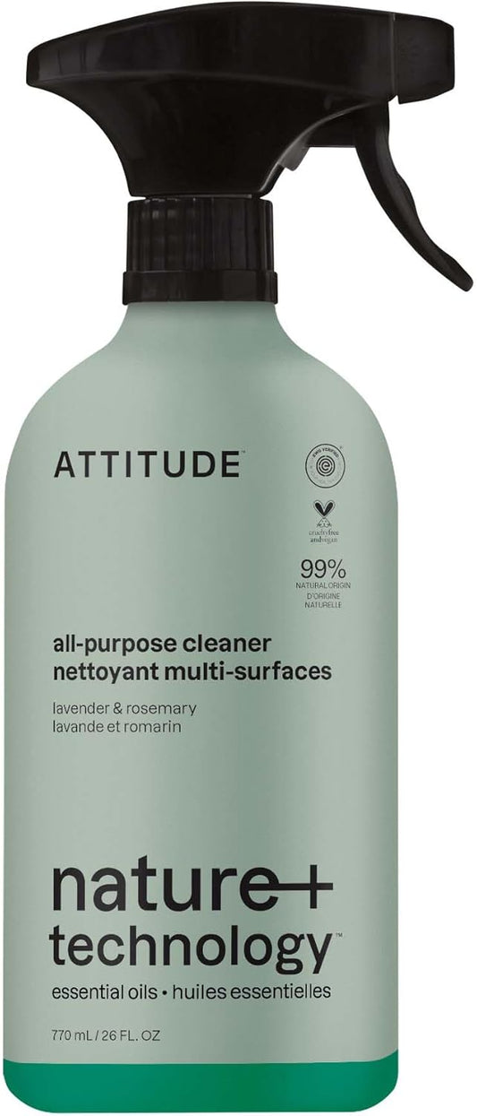 ATTITUDE All-Purpose Cleaner Spray, Natural Origin Ingredients, EWG Verified, Ammonia-Free, Removes Fingerprints, Dust and Dirt, Streak-Less, Lavender & Rosemary, 26 Fl Oz
