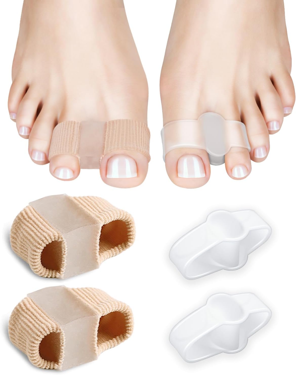 4Pcs Toe Separators for Bunion Correction, Big Toe Straightener Elasticity Hammer Bunion toe Corrector Spacers for Feet Women Men Correct, with 2 Loops (2 Nylon+2 Gel)
